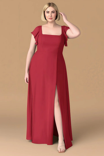 Exclusivity Scarlet Red Bridesmaid Dresses A Line Square Neck in Chiffon with Cap Sleeved Ruffled and Slits Image811700 - Akaks