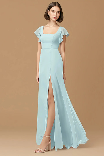 Exclusivity Sea Glass Bridesmaid Dresses A Line Square Neck in Chiffon with Cap Sleeved Ruffled and Slits Image292892