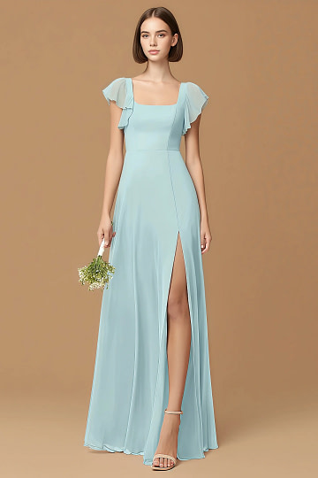 Exclusivity Sea Glass Bridesmaid Dresses A Line Square Neck in Chiffon with Cap Sleeved Ruffled and Slits Image864487
