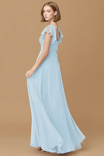Exclusivity Sky Blue Bridesmaid Dresses A Line Square Neck in Chiffon with Cap Sleeved Ruffled and Slits Image955800
