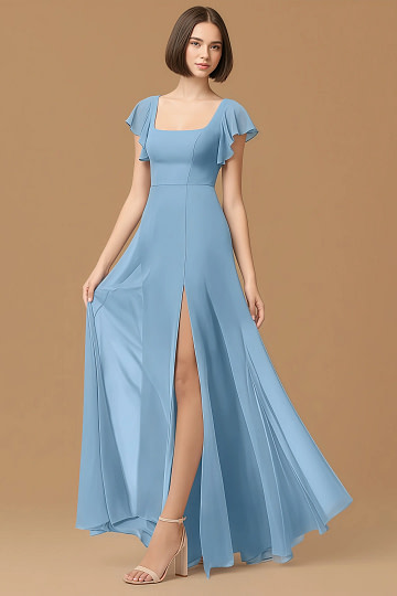 Exclusivity Steel Blue Bridesmaid Dresses A Line Square Neck in Chiffon with Cap Sleeved Ruffled and Slits Image307993