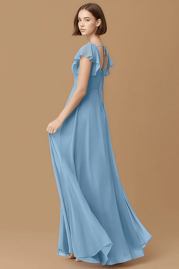 Exclusivity Steel Blue Bridesmaid Dresses A Line Square Neck in Chiffon with Cap Sleeved Ruffled and Slits Image419874