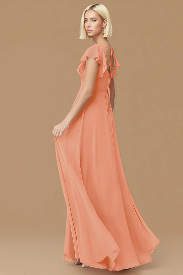 Exclusivity Sunset Bridesmaid Dresses A Line Square Neck in Chiffon with Cap Sleeved Ruffled and Slits Image666609 - Akaks