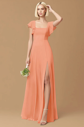 Exclusivity Sunset Bridesmaid Dresses A Line Square Neck in Chiffon with Cap Sleeved Ruffled and Slits Image910446 - Akaks