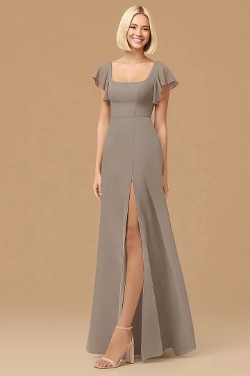 Exclusivity Taupe Bridesmaid Dresses A Line Square Neck in Chiffon with Cap Sleeved Ruffled and Slits Image342569 - Akaks