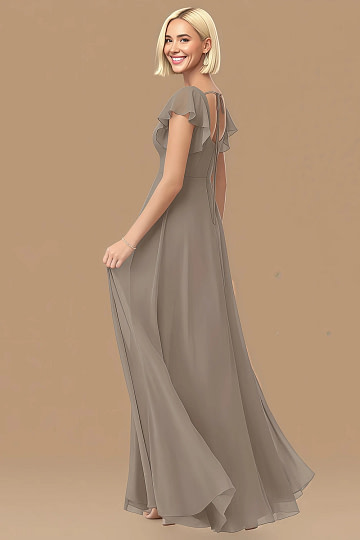 Exclusivity Taupe Bridesmaid Dresses A Line Square Neck in Chiffon with Cap Sleeved Ruffled and Slits Image567302 - Akaks