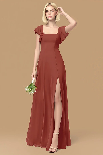 Exclusivity Terracotta Bridesmaid Dresses A Line Square Neck in Chiffon with Cap Sleeved Ruffled and Slits Image326449 - Akaks