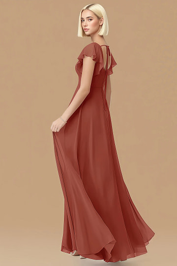 Exclusivity Terracotta Bridesmaid Dresses A Line Square Neck in Chiffon with Cap Sleeved Ruffled and Slits Image860777 - Akaks