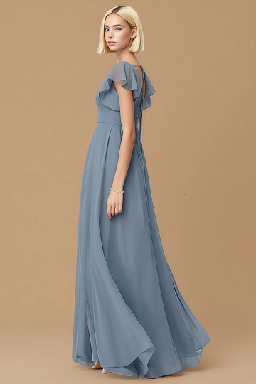 Exclusivity Twilight Blue Bridesmaid Dresses A Line Square Neck in Chiffon with Cap Sleeved Ruffled and Slits Image210349