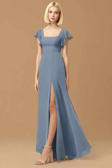 Exclusivity Twilight Blue Bridesmaid Dresses A Line Square Neck in Chiffon with Cap Sleeved Ruffled and Slits Image561785