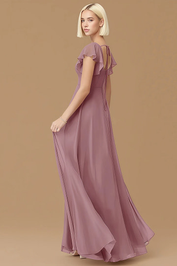 Exclusivity Vintage Mauve Bridesmaid Dresses A Line Square Neck in Chiffon with Cap Sleeved Ruffled and Slits Image605289 - Akaks