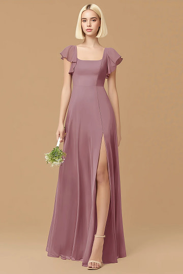 Exclusivity Vintage Mauve Bridesmaid Dresses A Line Square Neck in Chiffon with Cap Sleeved Ruffled and Slits Image638225 - Akaks