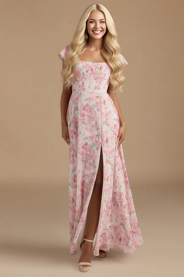 Exclusivity Watercolor Floral Bridesmaid Dresses A Line Square Neck in Chiffon with Cap Sleeved Ruffled and Slits Image497891 - Akaks