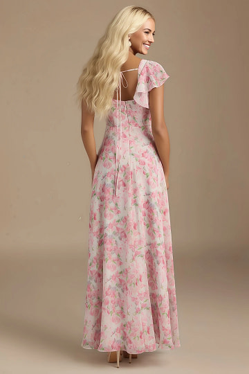 Exclusivity Watercolor Floral Bridesmaid Dresses A Line Square Neck in Chiffon with Cap Sleeved Ruffled and Slits Image590406 - Akaks