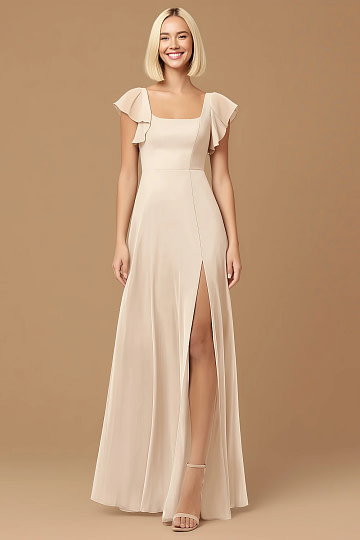 Exclusivity White Alabaster Bridesmaid Dresses A Line Square Neck in Chiffon with Cap Sleeved Ruffled and Slits Image411290 - Akaks