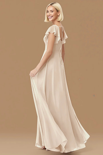 Exclusivity White Alabaster Bridesmaid Dresses A Line Square Neck in Chiffon with Cap Sleeved Ruffled and Slits Image709623 - Akaks