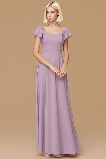 Exclusivity Wisteria Bridesmaid Dresses A Line Square Neck in Chiffon with Cap Sleeved Ruffled and Slits Image924014 - Akaks