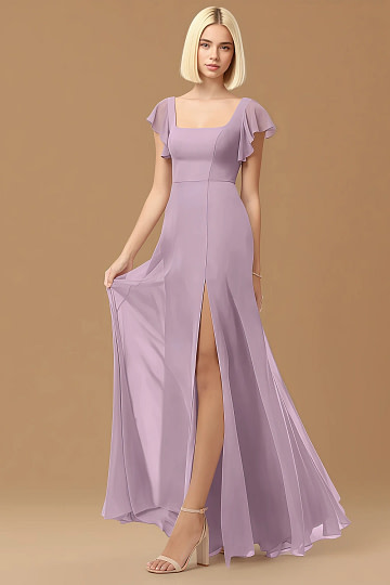 Exclusivity Wisteria Bridesmaid Dresses A Line Square Neck in Chiffon with Cap Sleeved Ruffled and Slits Image924669 - Akaks