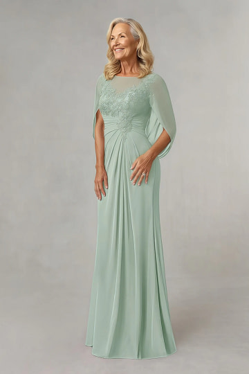 Akaks Abigail A Line Princess Scoop Neck Mother of the Bride Dress Floor Length Lace Capelet Chiffon Dress Image642062