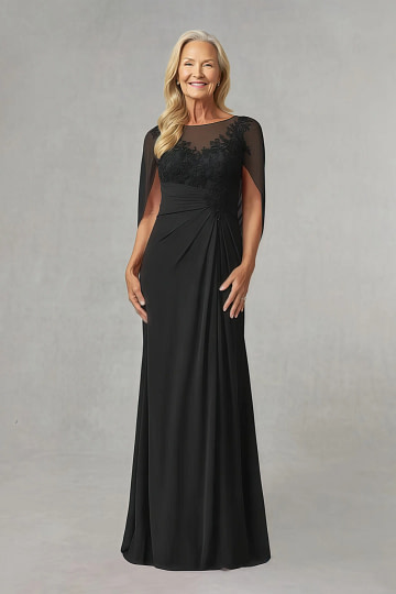 Akaks Abigail Black Mother of the Bride Dress A-Line Floor Length Lace Capelet Chiffon Dress Image776469