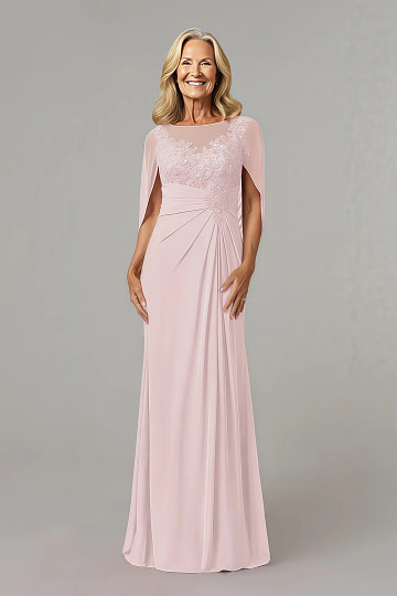 Akaks Abigail Blush Mother of the Bride Dress A-Line Floor Length Lace Capelet Chiffon Dress Image240645