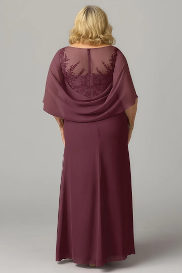 Akaks Abigail Cabernet Mother of the Groom Dresses Plus Size A-Line Floor Length Lace Capelet Chiffon Dress Image236918