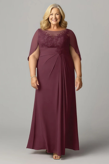 Akaks Abigail Cabernet Mother of the Groom Dresses Plus Size A-Line Floor Length Lace Capelet Chiffon Dress Image661385
