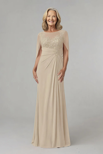 Akaks Abigail Champagne Mother of the Bride Dress A-Line Floor Length Lace Capelet Chiffon Dress Image859110