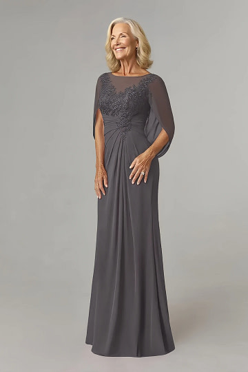 Akaks Abigail Dark Grey Mother of the Bride Dress A-Line Floor Length Lace Capelet Chiffon Dress Image939172