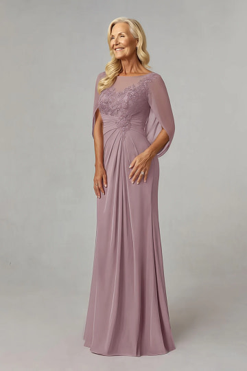 Akaks Abigail Dusty Rose Mother of the Groom Dress A-Line Floor Length Lace Capelet Chiffon Dress Image766415