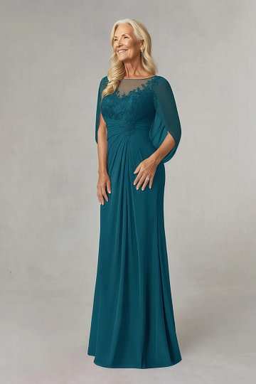 Akaks Abigail Ink Blue Mother of the Bride Dresses A-Line Floor Length Lace Capelet Chiffon Dress Image769637