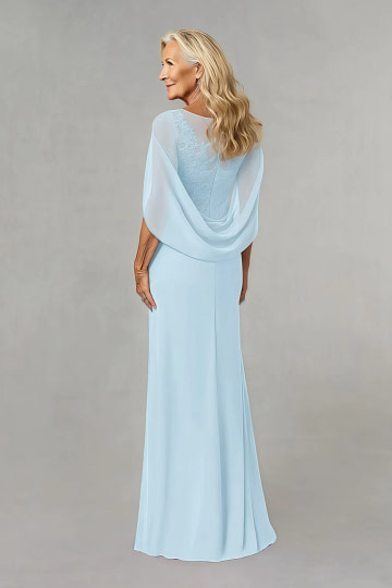 Akaks Abigail Light Blue Mother of the Bride Dress A-Line Floor Length Lace Capelet Chiffon Dress Image543042