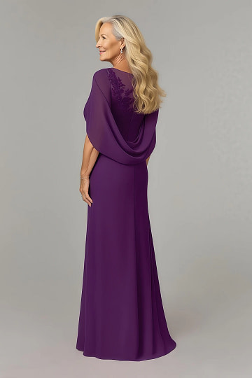 Akaks Abigail Mother of the Bride Dress Grape A-Line Floor Length Lace Capelet Chiffon Dress Image256083