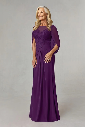 Akaks Abigail Mother of the Bride Dress Grape A-Line Floor Length Lace Capelet Chiffon Dress Image425372