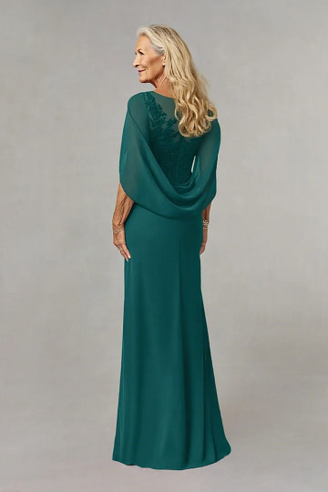 Akaks Abigail Mother of the Bride Peacock Dresses A-Line Floor Length Lace Capelet Chiffon Dress Image539161