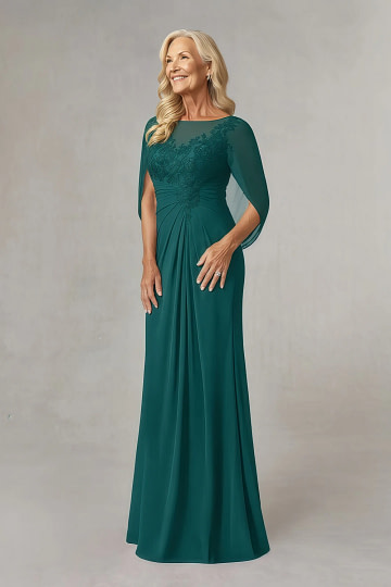 Akaks Abigail Mother of the Bride Peacock Dresses A-Line Floor Length Lace Capelet Chiffon Dress Image870413