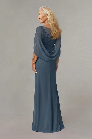 Akaks Abigail Neptune Mother of the Bride Cape Dress A-Line Floor Length Lace Capelet Chiffon Dress Image580848