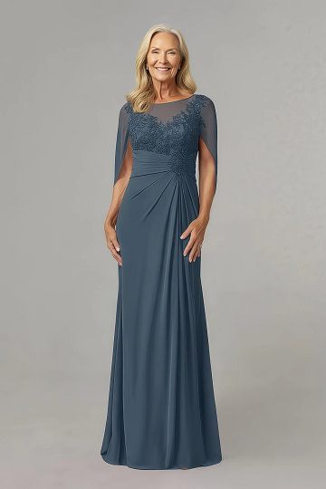 Akaks Abigail Neptune Mother of the Bride Cape Dress A-Line Floor Length Lace Capelet Chiffon Dress Image843360