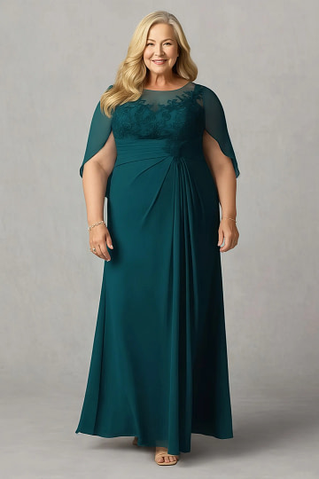 Akaks Abigail Pine Green Mother of the Bride Dress A-Line Floor Length Lace Capelet Chiffon Dress Image304559