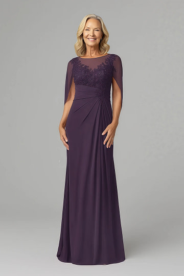 Akaks Abigail Plum Dresses for Mother of the Bride A-Line Floor Length Lace Capelet Chiffon Dress Image123323