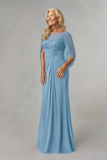 Akaks Abigail Steel Blue Mother of the Bride Dresses A-Line Floor Length Lace Capelet Chiffon Dress Image177671