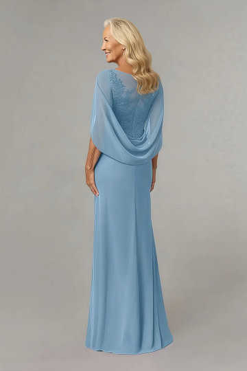 Akaks Abigail Steel Blue Mother of the Bride Dresses A-Line Floor Length Lace Capelet Chiffon Dress Image576476