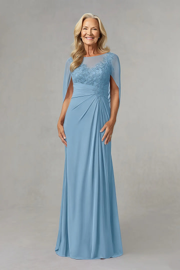 Akaks Abigail Steel Blue Mother of the Bride Dresses A-Line Floor Length Lace Capelet Chiffon Dress Image997072