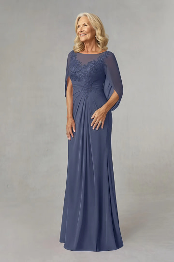 Akaks Abigail Stormy Blue Mother of the Bride Dress A-Line Floor Length Lace Capelet Chiffon Dress Image654003