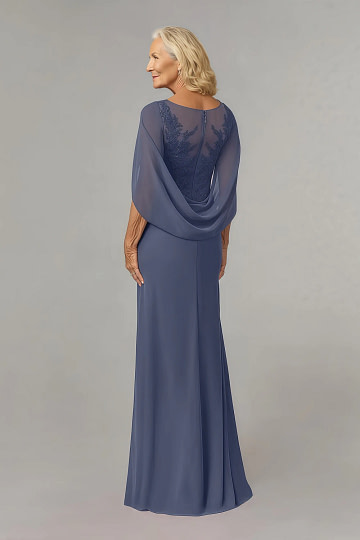 Akaks Abigail Stormy Blue Mother of the Bride Dress A-Line Floor Length Lace Capelet Chiffon Dress Image973903
