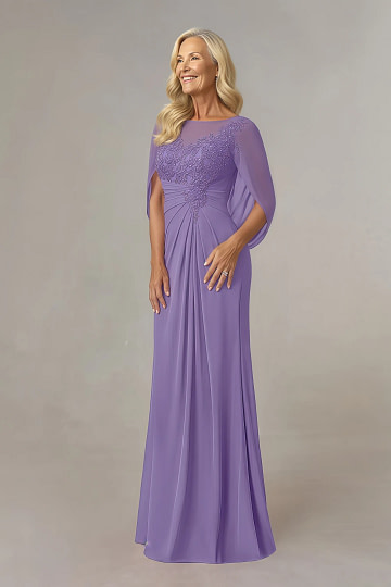 Akaks Abigail Tahiti Illusion Mother of the Bride Dresses A-Line Floor Length Lace Capelet Chiffon Dress Image959923