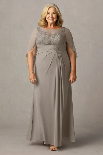 Akaks Abigail Taupe Mother of the Bride Dress Plus Size A-Line Floor Length Lace Capelet Chiffon Dress Image957739