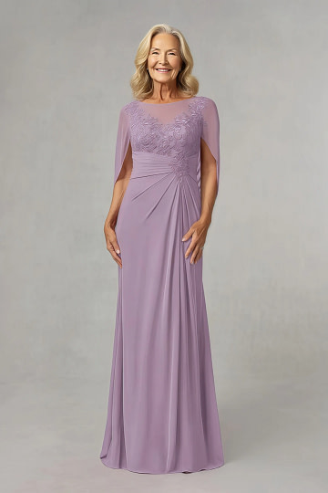 Akaks Abigail Wisteria Mother of the Bride Dress A-Line Floor Length Lace Capelet Chiffon Dress Image862316