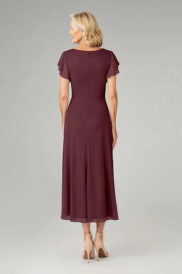 Akaks Adeline Cabernet Mother Of The Bride Dress A-Line V-Neck Tea Length Ruffles Cap Sleeves Pleated Chiffon Dress Image246261