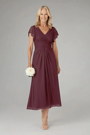 Akaks Adeline Cabernet Mother Of The Bride Dress A-Line V-Neck Tea Length Ruffles Cap Sleeves Pleated Chiffon Dress Image649568